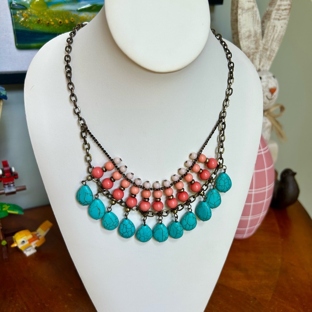 Premiere Designs Sunset Turquoise and Coral Beaded Necklace
